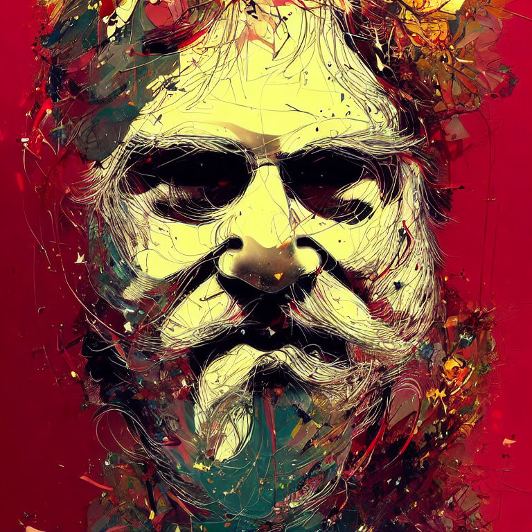 Colorful Abstract Portrait with Mustache and Intense Eyes