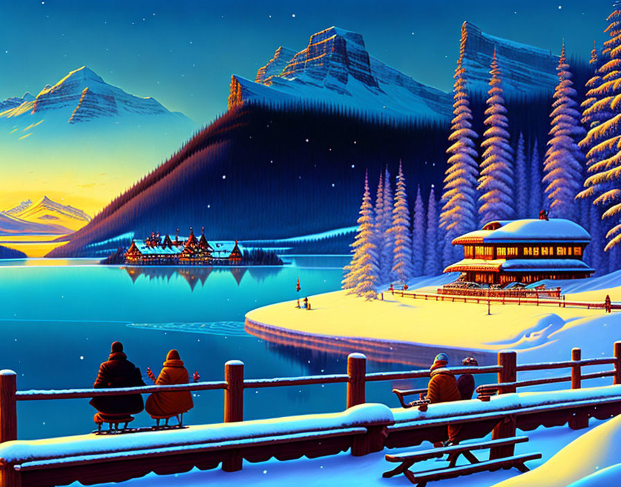 Serene winter night scene with lake reflection, snow-covered trees, mountains, and lakeside building