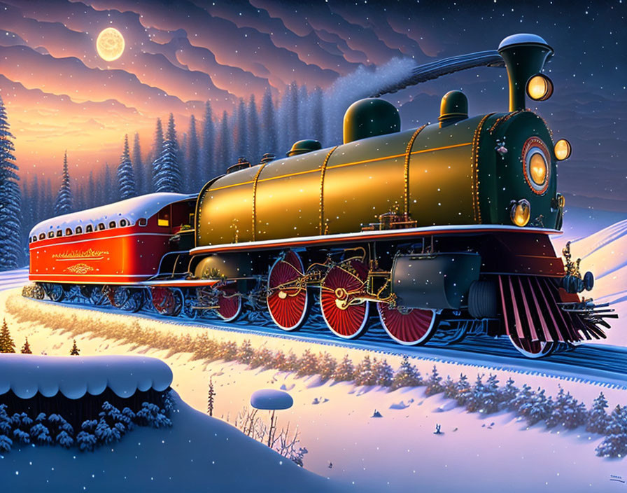 Vintage golden train in snowy night landscape with full moon, pine trees, and aurora borealis.