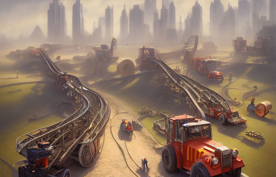 Futuristic construction site with large machinery and elevated railways in hazy cityscape.