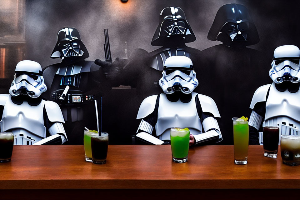 Costumed individuals at bar with Darth Vader images