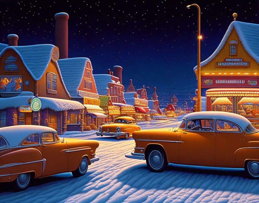 Vintage cars parked on snowy street under starry sky