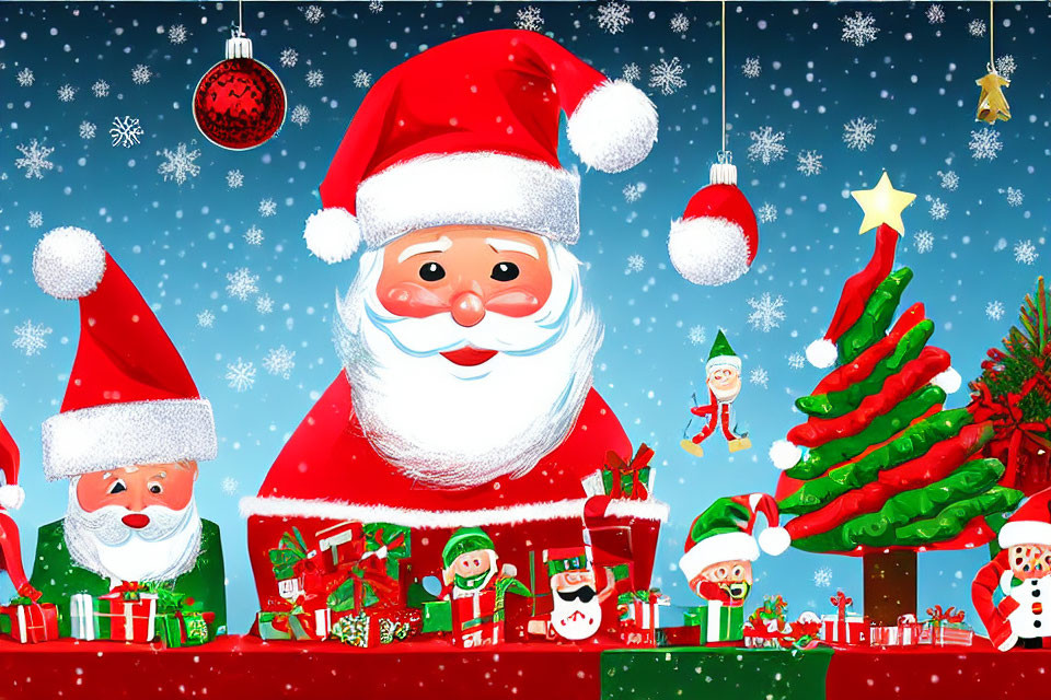 Festive Christmas cartoon with multiple Santa Clauses, gifts, elves, tree, snow