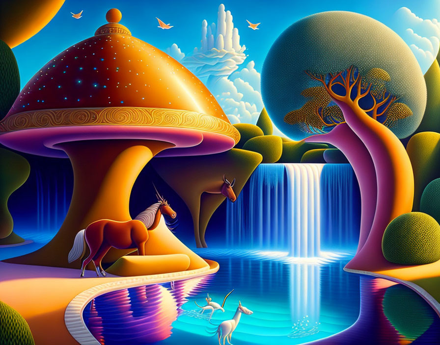 Colorful surreal landscape with mushroom structure, waterfall, horses, and stylized trees under blue sky.