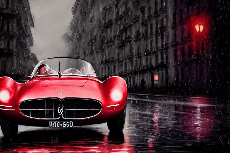 Vintage Red Sports Car on Wet City Street in Rain