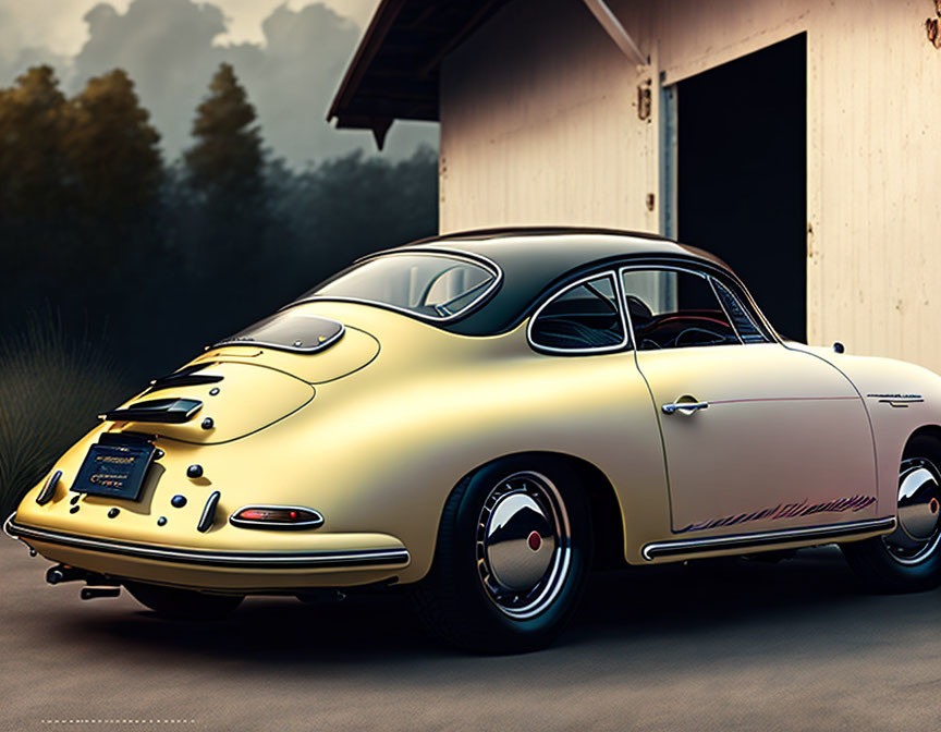 Classic Cream Porsche 356 Parked by Open Barn