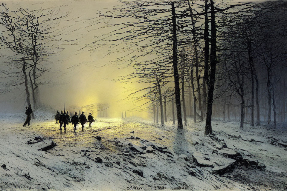 Figures walking in snowy forest at dusk with warm light on horizon