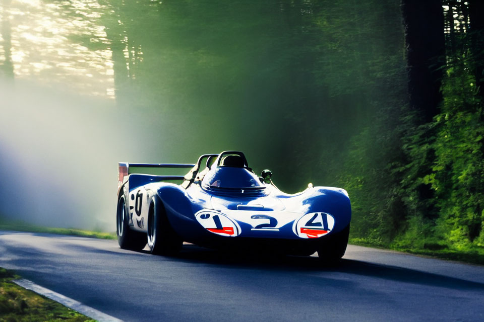 Vintage Race Car Number 2 Speeds Through Misty Forest Road