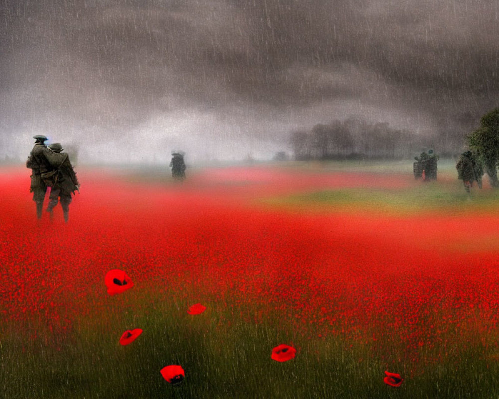 Vintage military figures in somber scene among red poppies under rainy sky