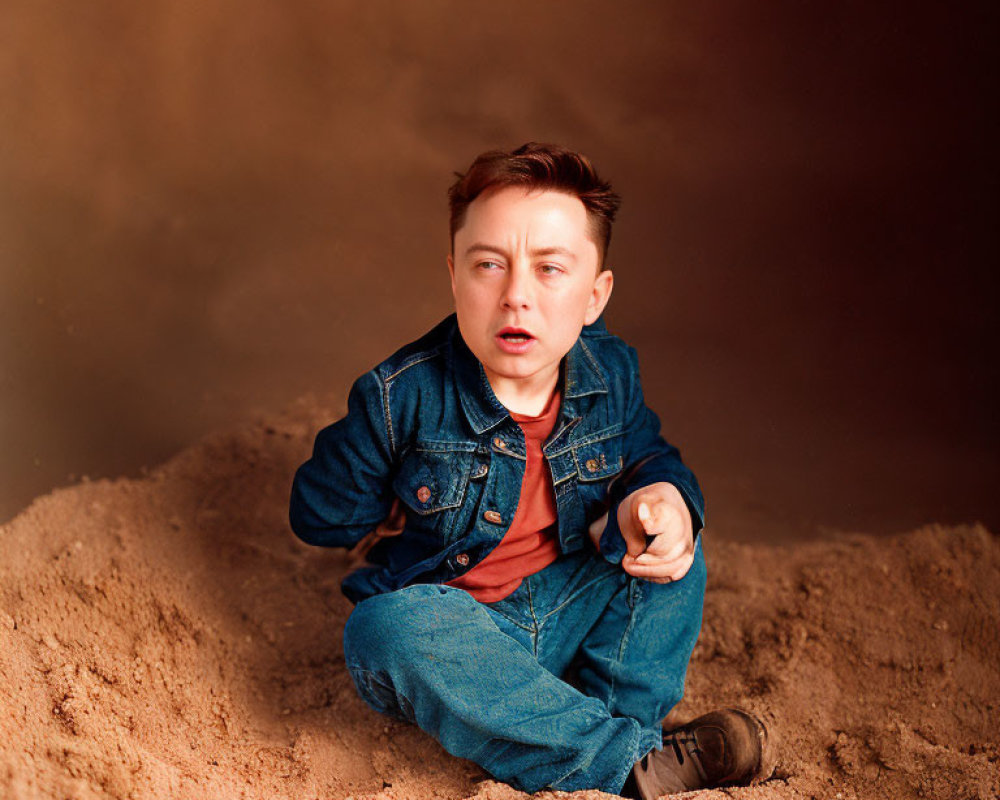 Young boy in denim jacket and red shirt sitting on ground against dusty brown backdrop.