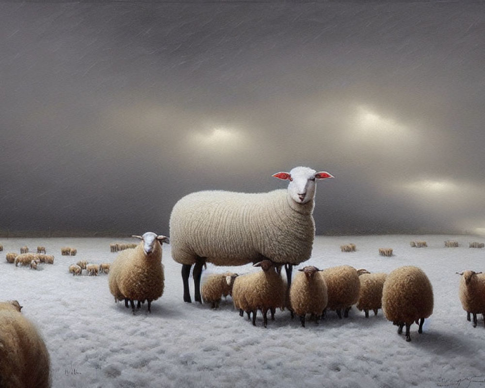 Snowy field with herd of sheep and one prominent larger sheep under gloomy sky