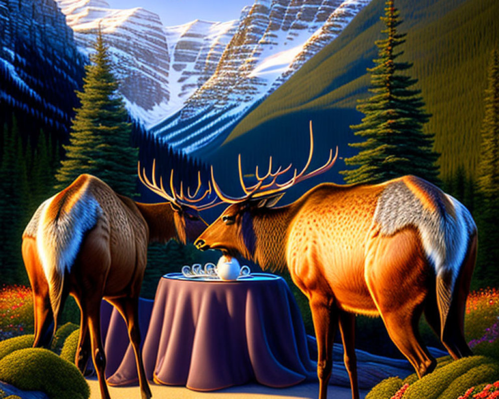 Elk near orbs in vibrant floral setting with mountains