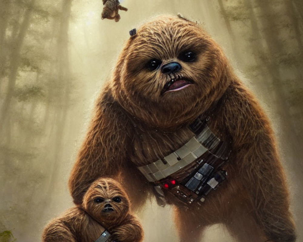 Adult and child Wookiee in misty forest with blaster and ammunition belt