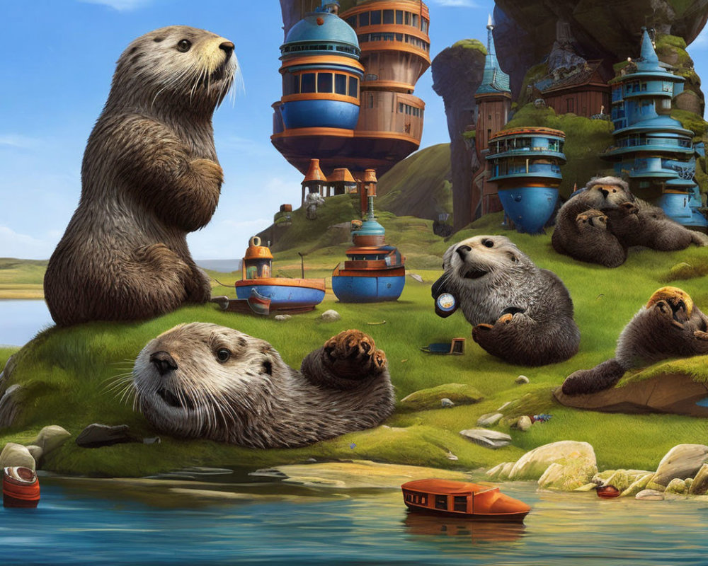 Illustration of otters lounging by riverbank with fantastical buildings in background