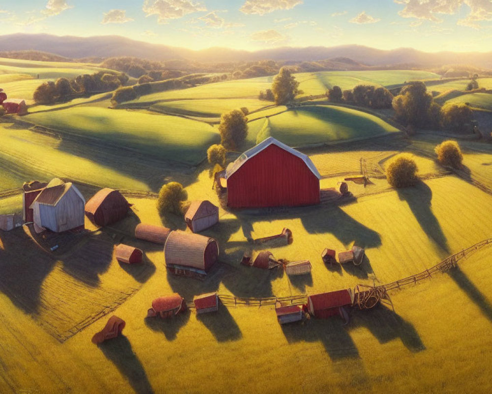 Tranquil farmland sunset scene with red barn, rolling hills, and golden light