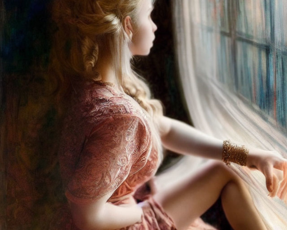 Blonde woman in vintage lace dress gazes out window in textured setting