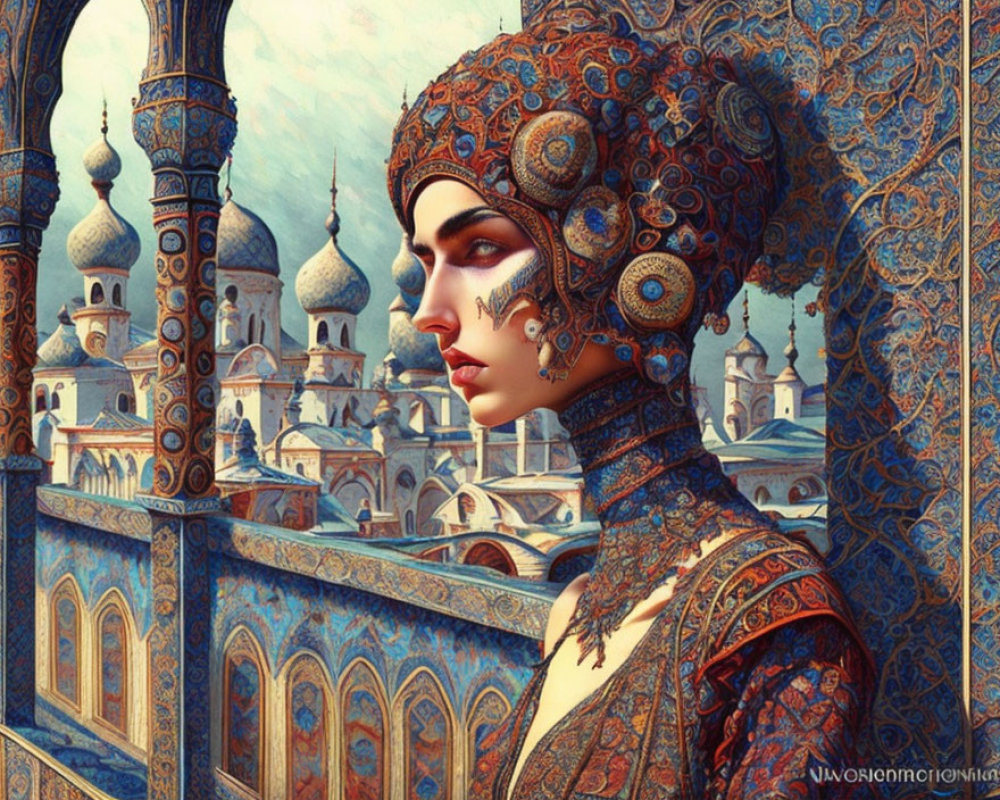 Pensive woman in ornate attire against intricate architecture.