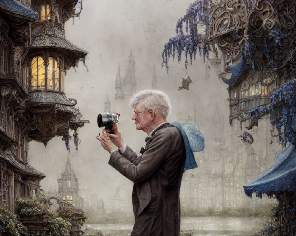 Elderly man in blazer captures city with blue flowers under misty sky