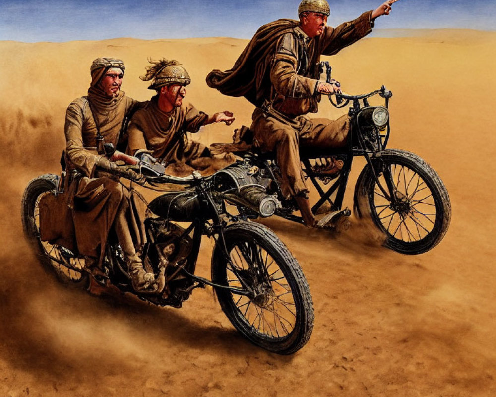 Vintage military attire trio on sidecar motorcycle in desert landscape