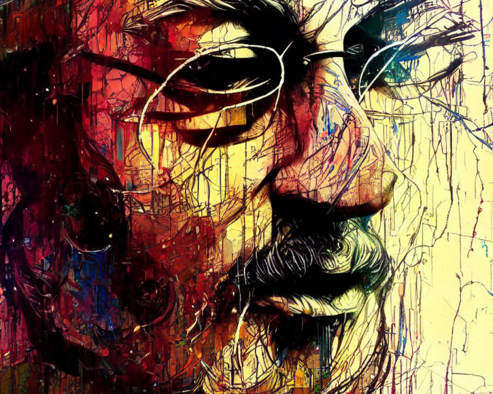 Vibrant abstract art of bearded man with glasses in dynamic lines