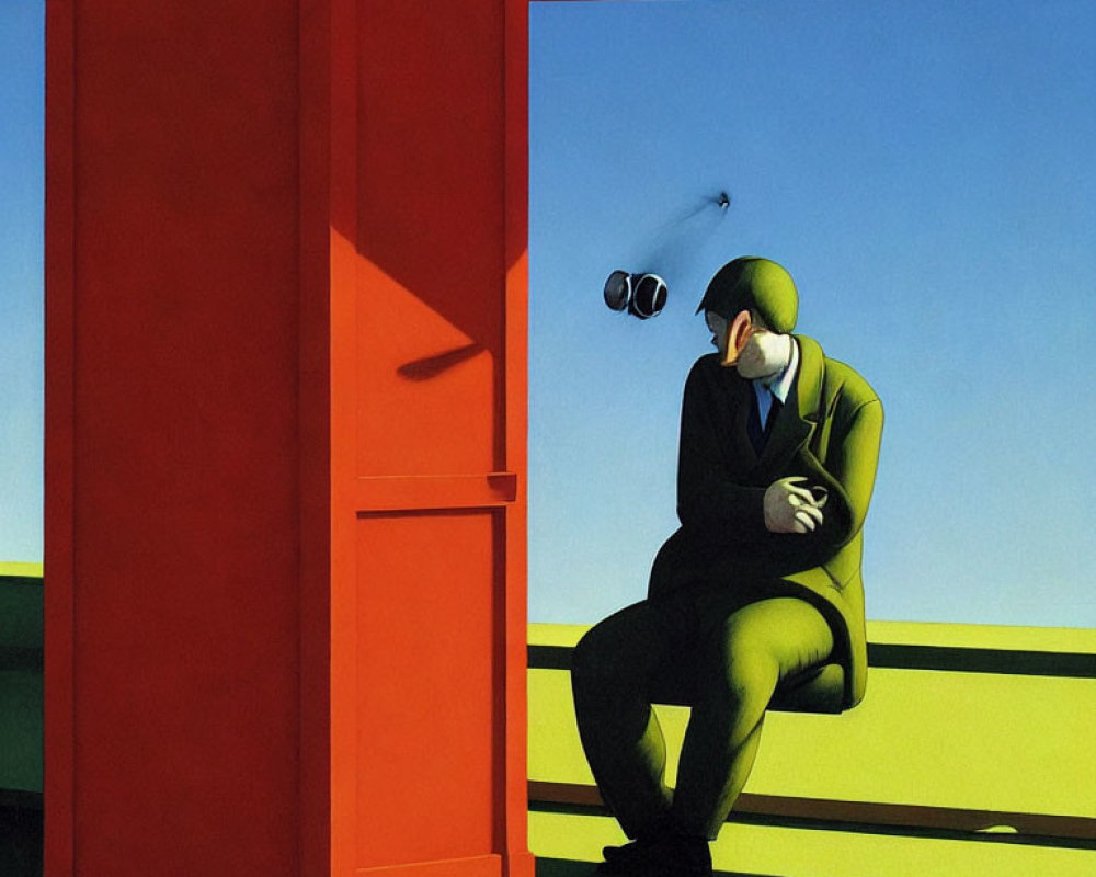 Man in green suit contemplating by open red door under surveillance camera, against blue sky.