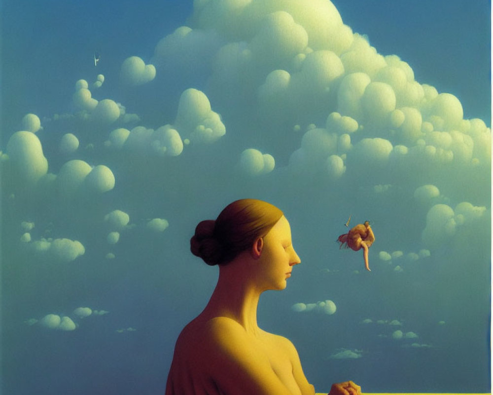 Serene painting of woman gazing at cloudy sky with floating figure