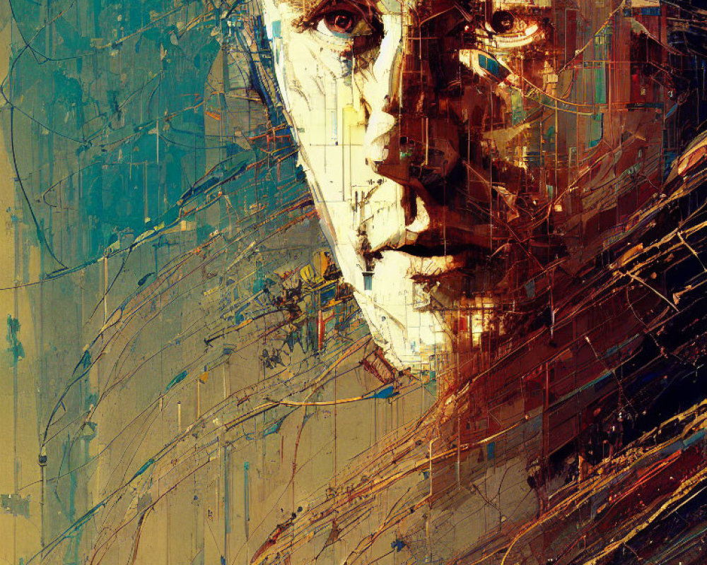 Colorful Abstract Digital Portrait with Fragmented Lines and Textured Background