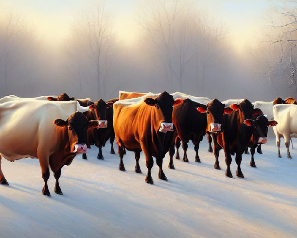 Glossy-coated cows in snowy landscape with mist and bare trees