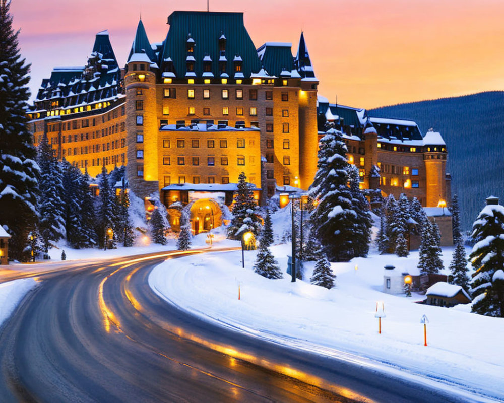 Majestic castle-like hotel at twilight in snowy landscape