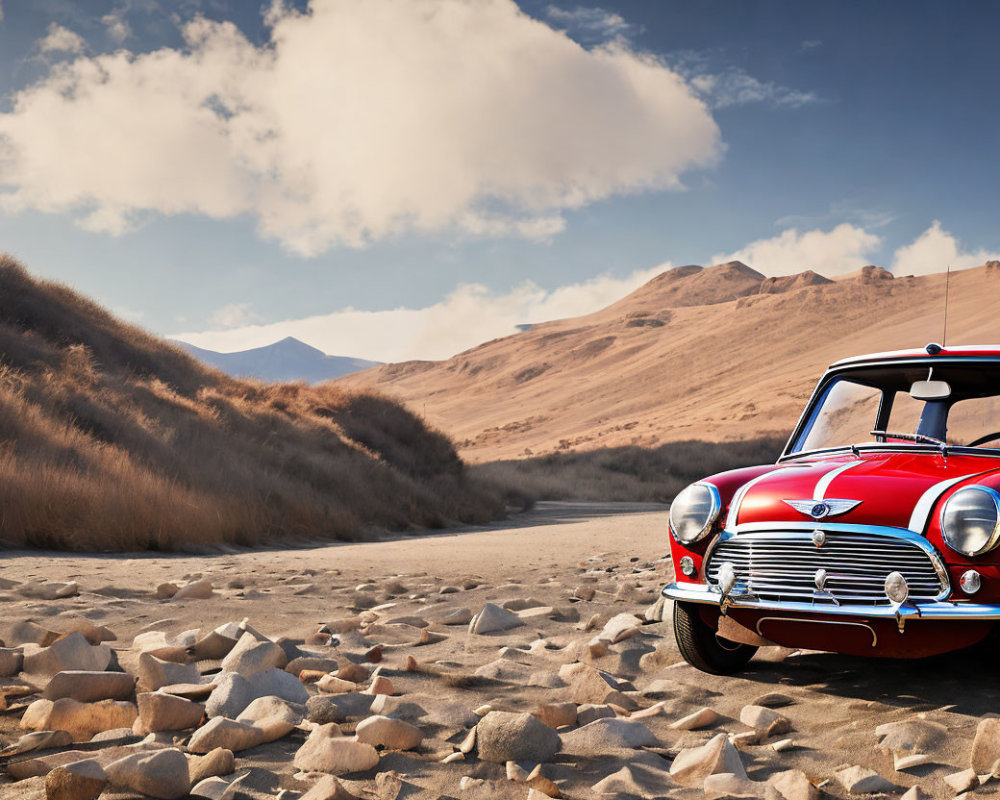 Vintage Red and White Car on Deserted Road with Rocks and Hills