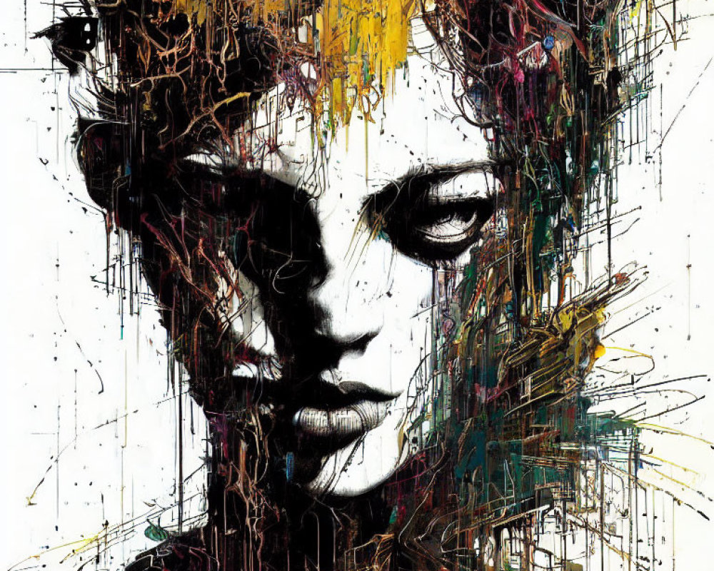 Vibrant abstract portrait with splashes of color on black and white features