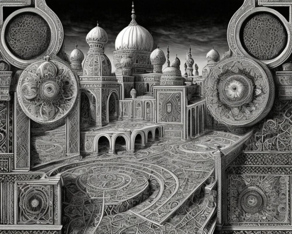 Detailed Monochrome Illustration of Ornate Fantasy Architecture with Islamic-style Patterns, Domes, and Ar