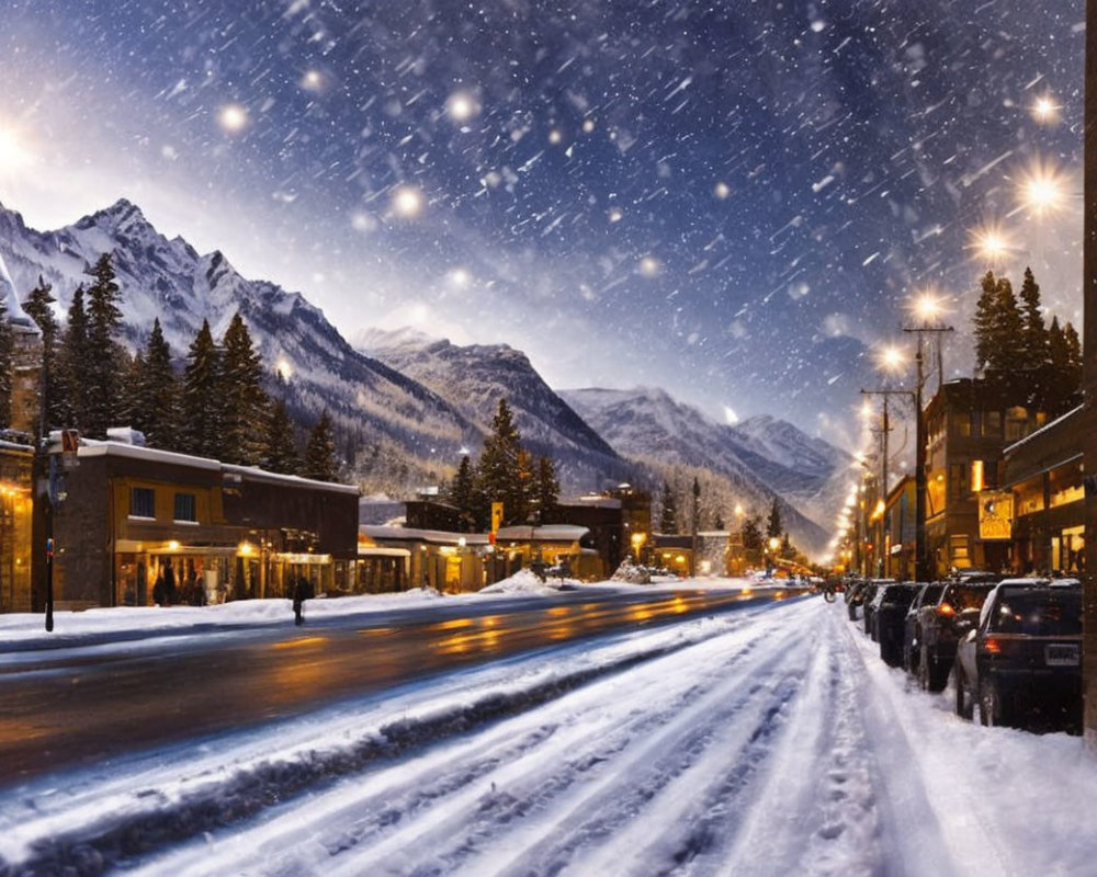 Snowy Night Street Scene with Streetlights, Falling Snowflakes, Parked Cars, and Mountain