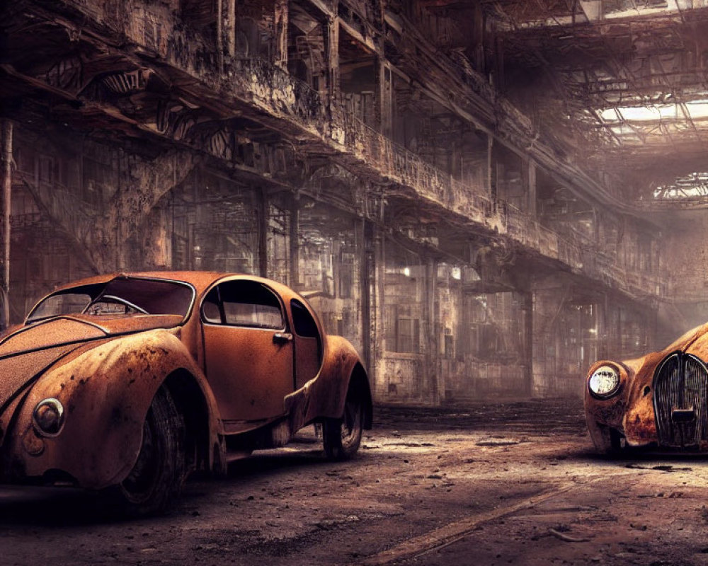 Rusted vintage cars in dilapidated warehouse with soft light