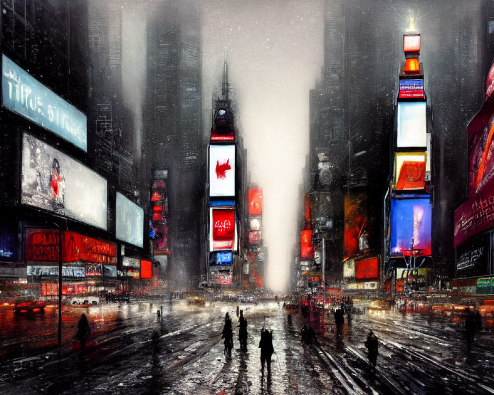 Snowy cityscape with bright billboards and busy street scene