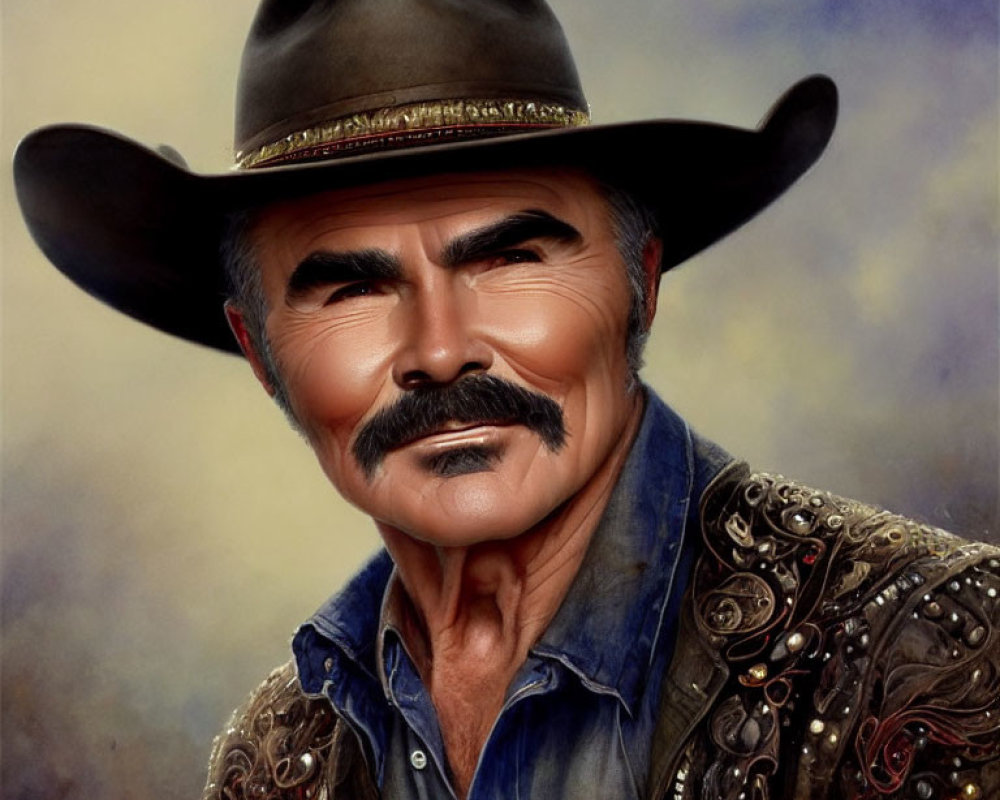 Mustachioed man in cowboy hat with ornate leather jacket