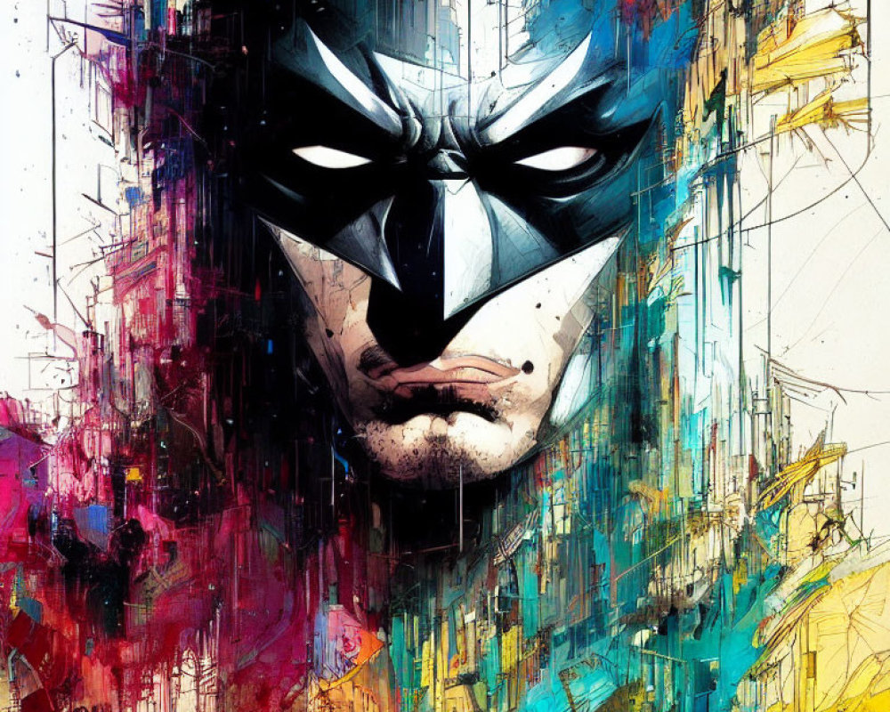 Abstract superhero artwork with black mask and vibrant colors