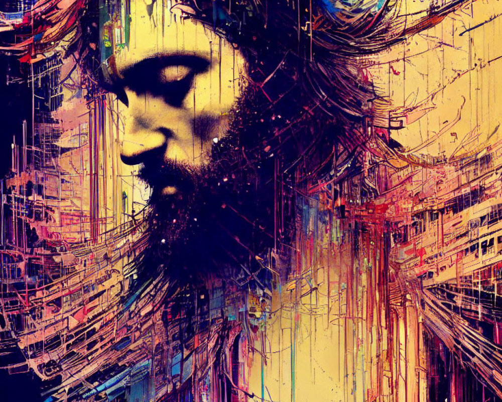 Vibrant abstract portrait of a bearded man with closed eyes