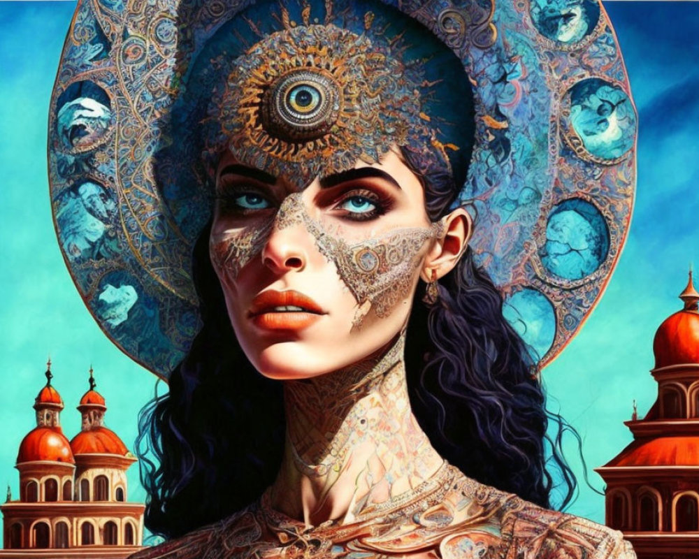 Intricately tattooed woman with ornate halo against sky and buildings