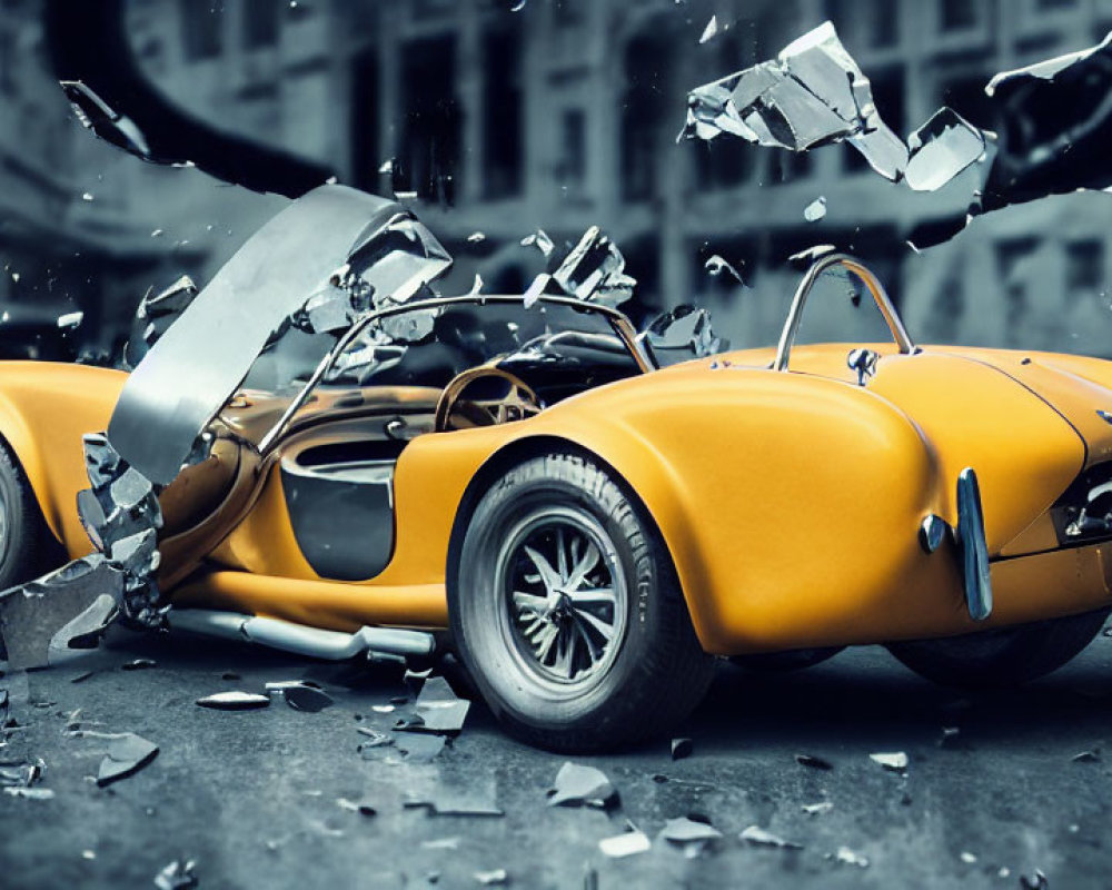 Vintage yellow sports car crashes through glass barrier in urban street