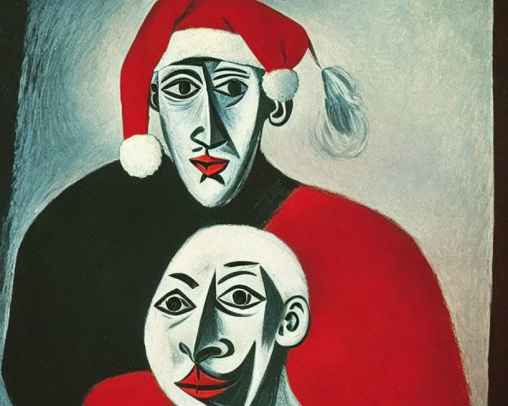 Abstract figures in Santa hats on dark background