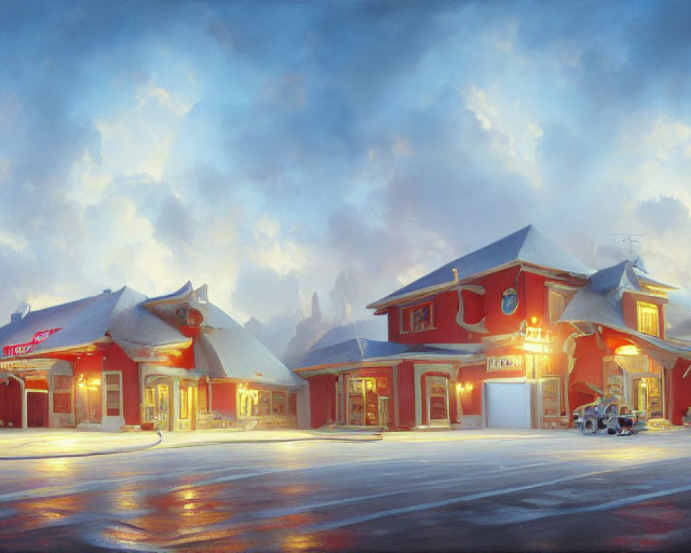 Snow-covered street at dusk with illuminated buildings and mountains, creating a serene winter scene