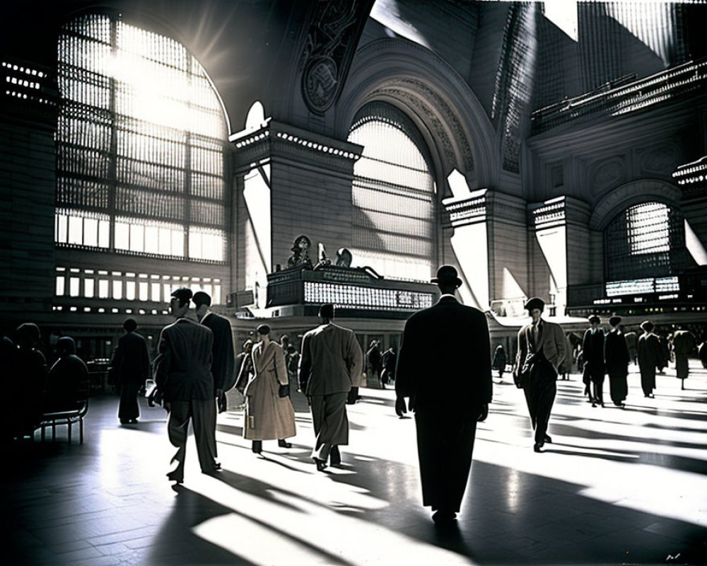 Monochrome image of people in grand hall with high ceilings and dramatic lighting