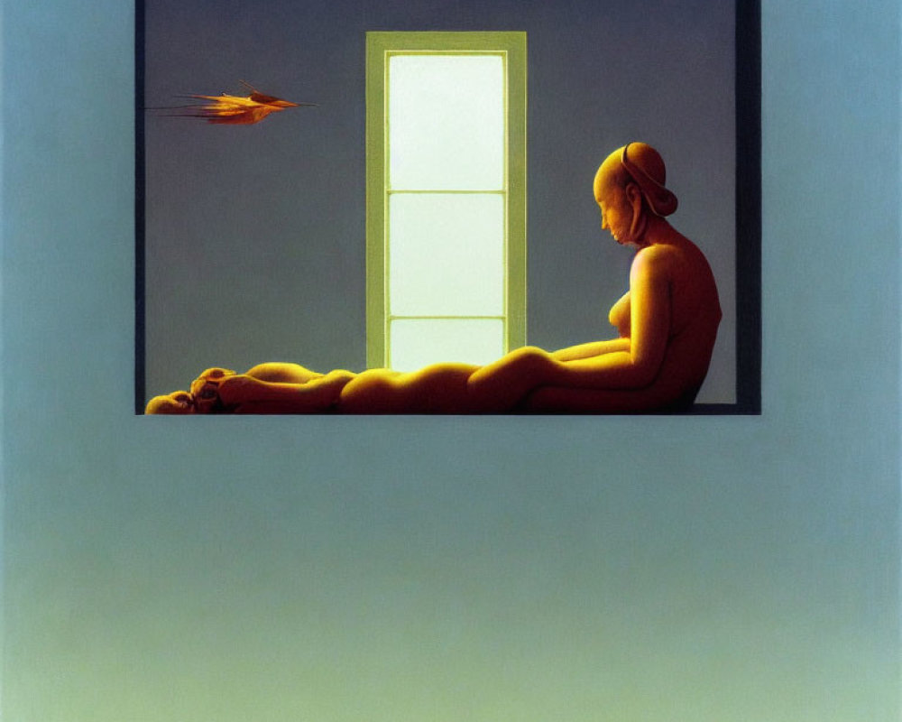 Surreal painting: person with red cap by open door, bird in sky, figure in foreground