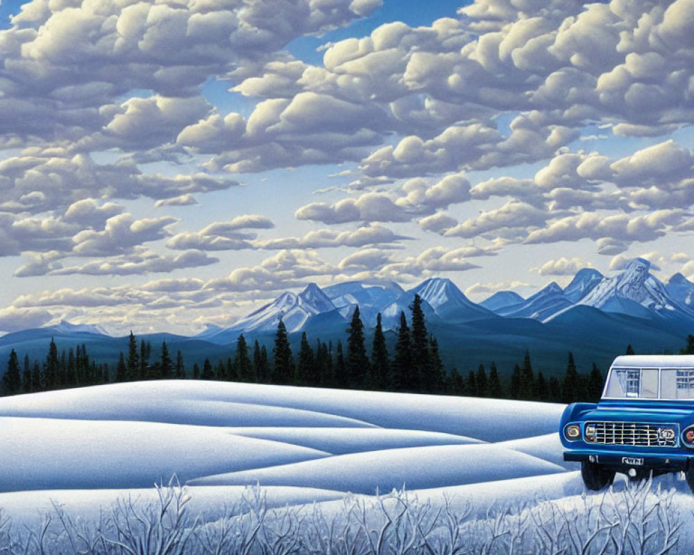 Vintage Blue Car Parked in Snowy Field with Forest and Mountains