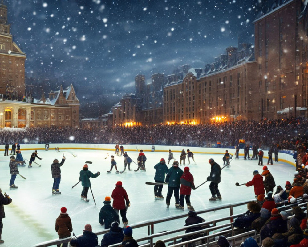 Nighttime ice skating rink with crowd and snowfall in cityscape.