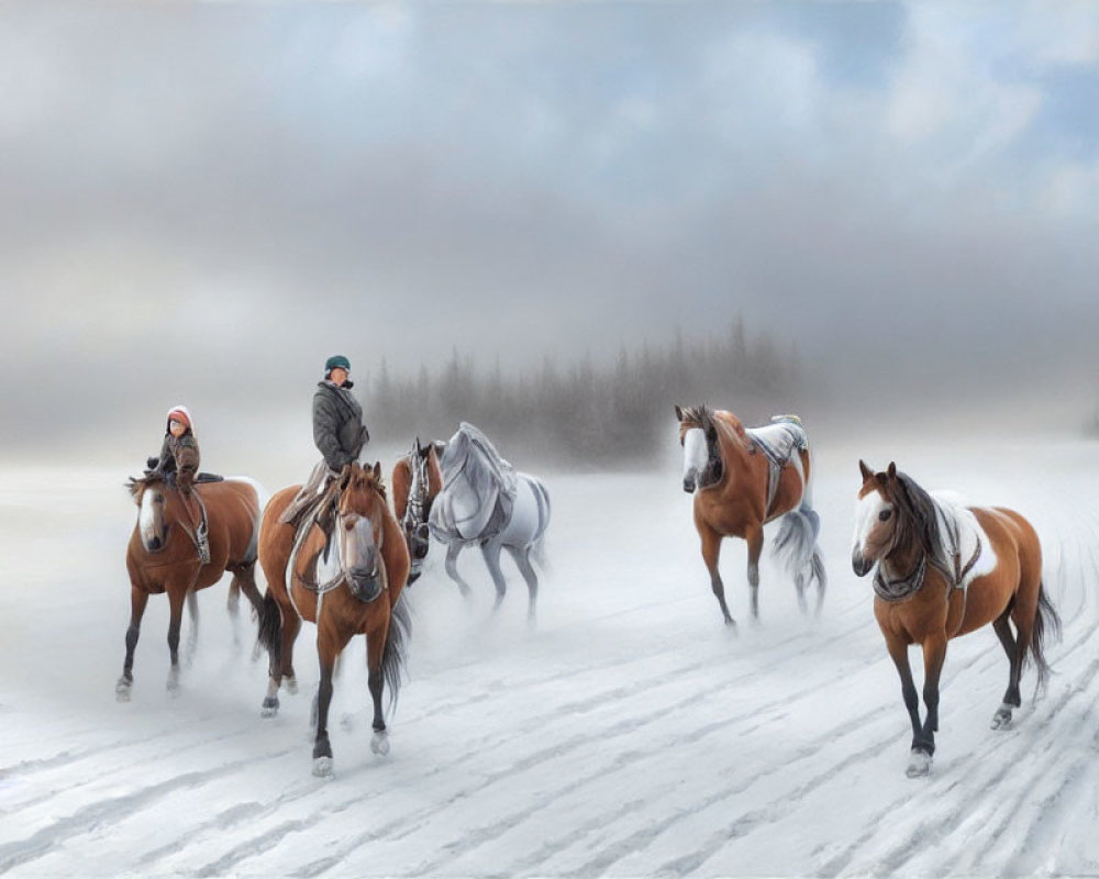 Snowy landscape with horseback riders and free-running horses in misty forest