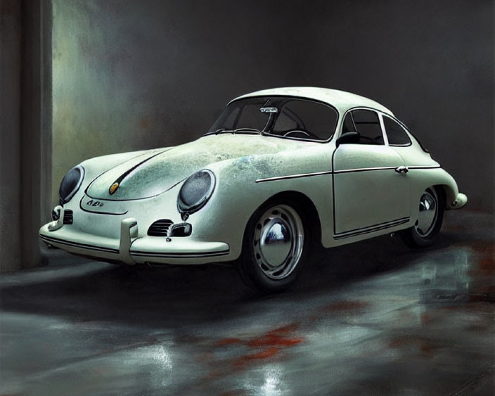 Classic White Porsche in Dimly Lit Garage with Glossy Floor & Red Leakage