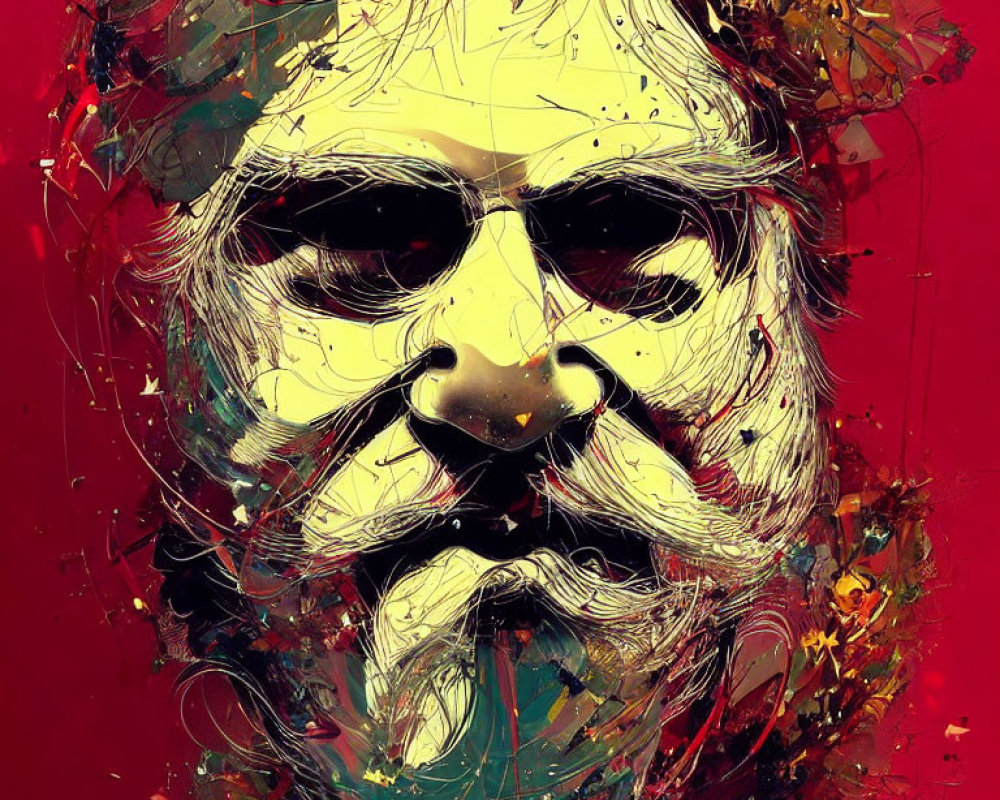 Colorful Abstract Portrait with Mustache and Intense Eyes