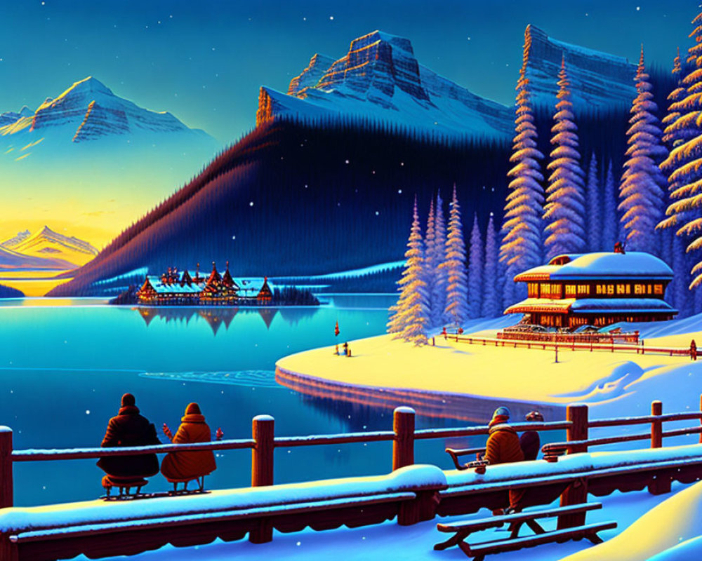 Serene winter night scene with lake reflection, snow-covered trees, mountains, and lakeside building